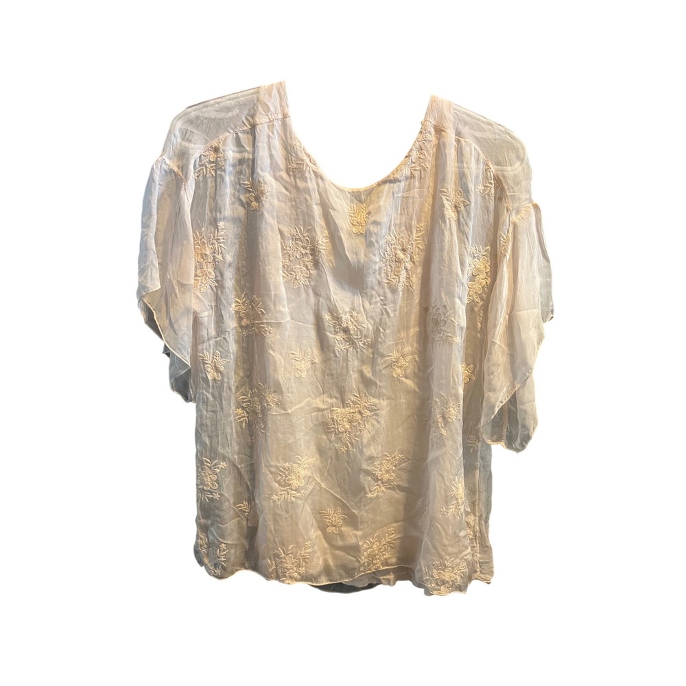 Angela Moda Italy Silk Blend Embroidered Flutter Sleeve Blouse Pale Pink Small